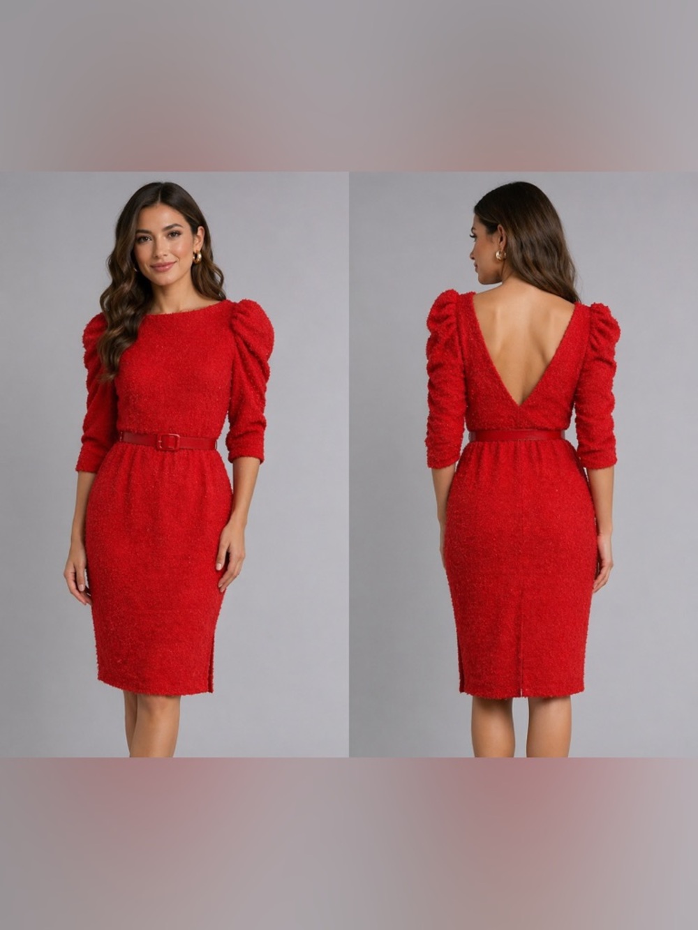 Vintage Mara Jjrs Red Textured Puff Sleeve Belted Dress 80s Glam Vibes